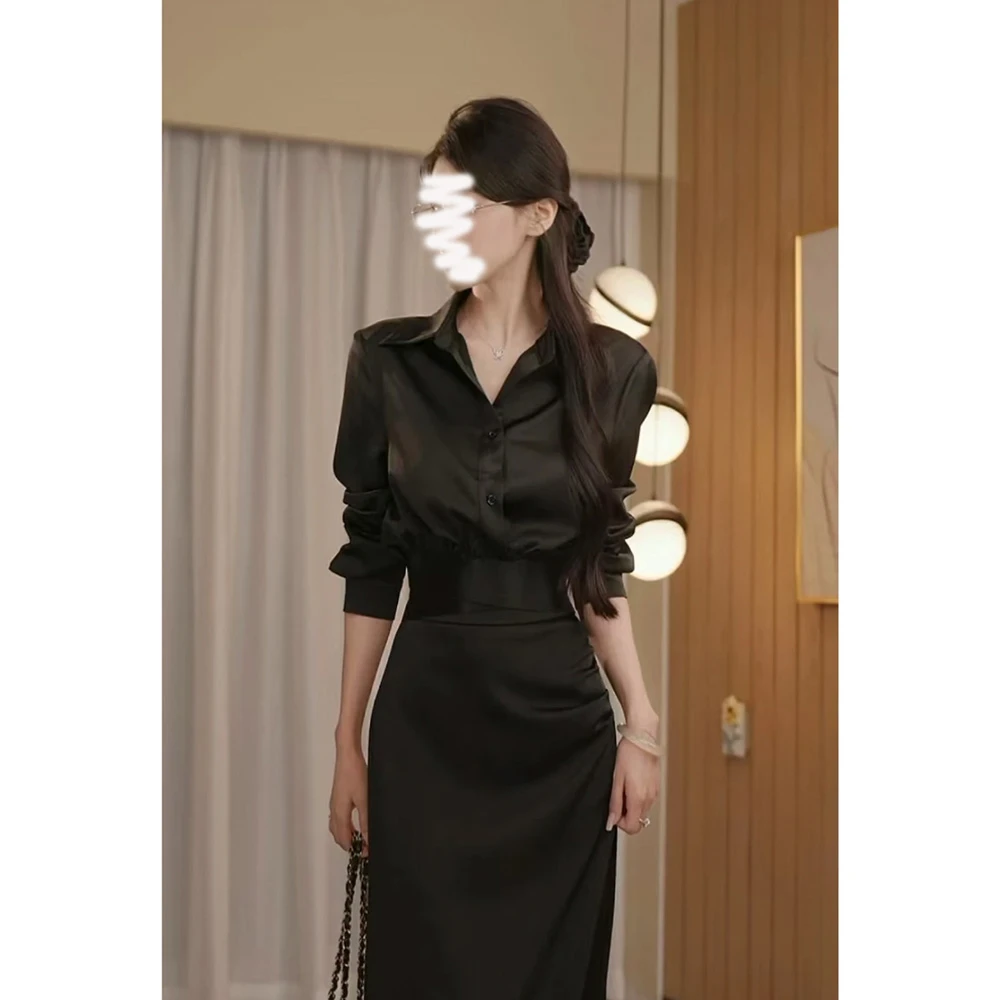 秋季新款修身松紧蚂蚁腰衬衫上衣+气质包臀褶皱显瘦收腰半裙套装