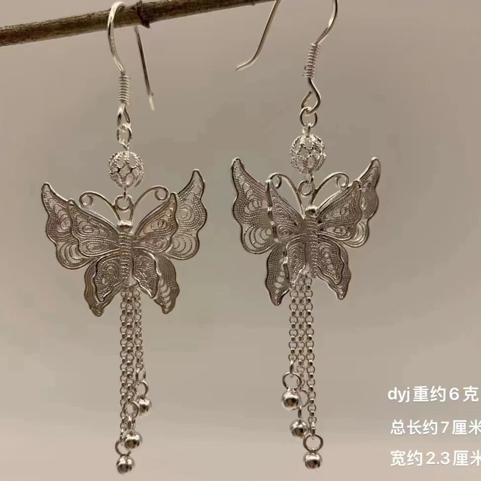 足银耳饰 足银999手工艺流苏蝴蝶耳环长款