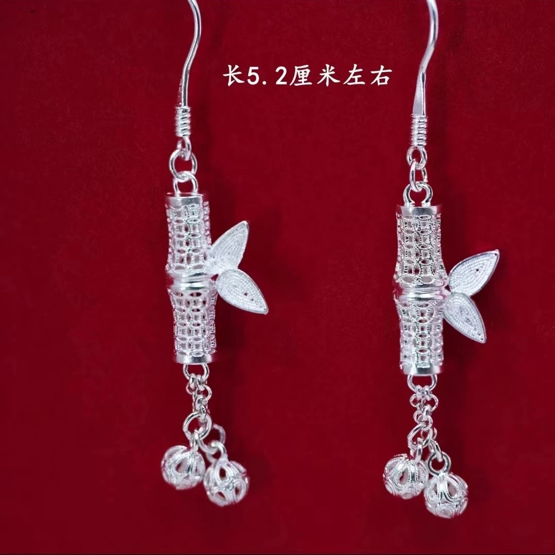 足银耳饰 足银999民族风花丝工艺节节高竹节流苏珠珠精美百搭耳环