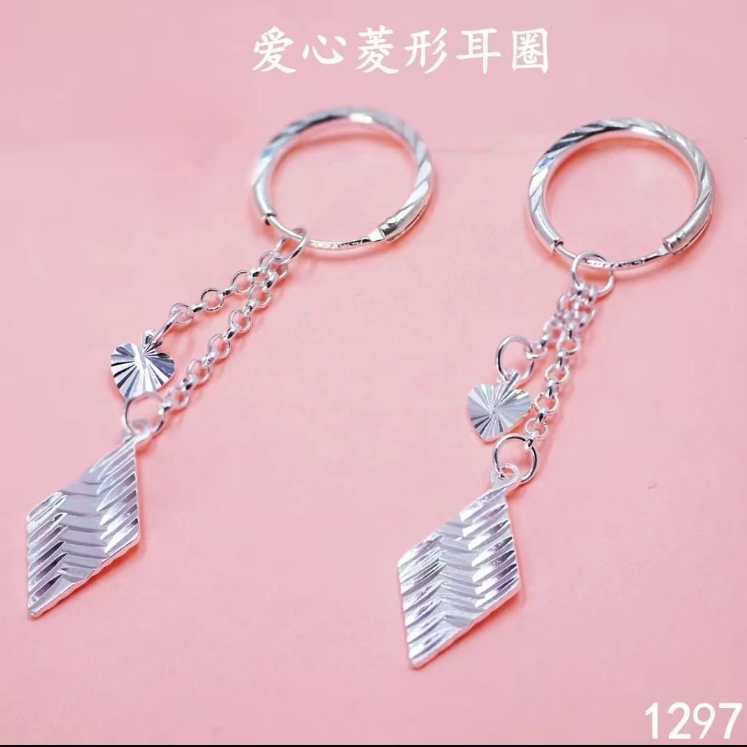 足银耳饰 足银990精美耳圈爱心流苏亮面方块长款简约日常百搭..