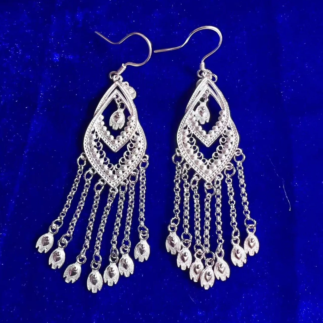 足银耳饰 足银999民族风工艺孔雀羽毛流苏耳环长款精美重工百搭。。