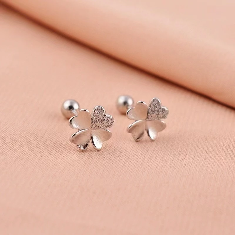 足银耳饰 足999螺纹款式四叶草耳钉花气质轻奢精致甜美小巧百搭