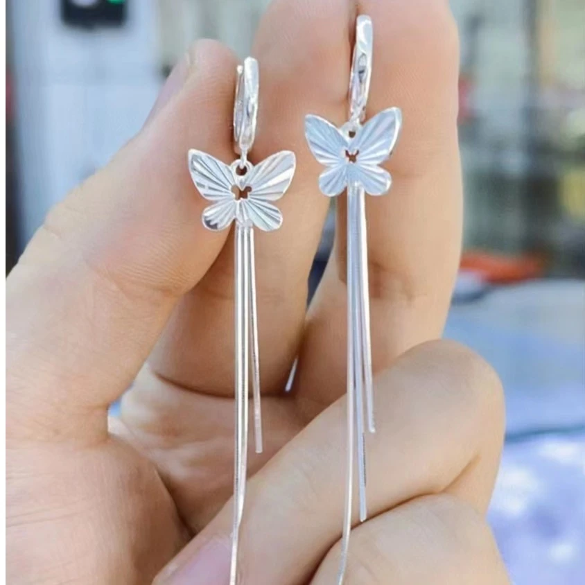 足银耳饰 足银990蝴蝶流苏耳扣气质长款简约韩版精美百搭耳扣