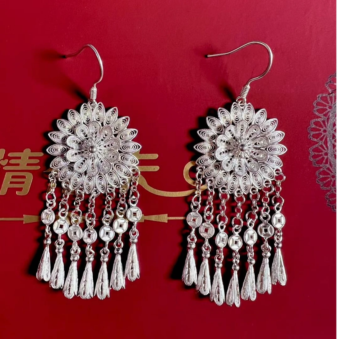 足银耳饰 足银999精美重工气质民族风工艺太阳花流苏喇叭耳环...