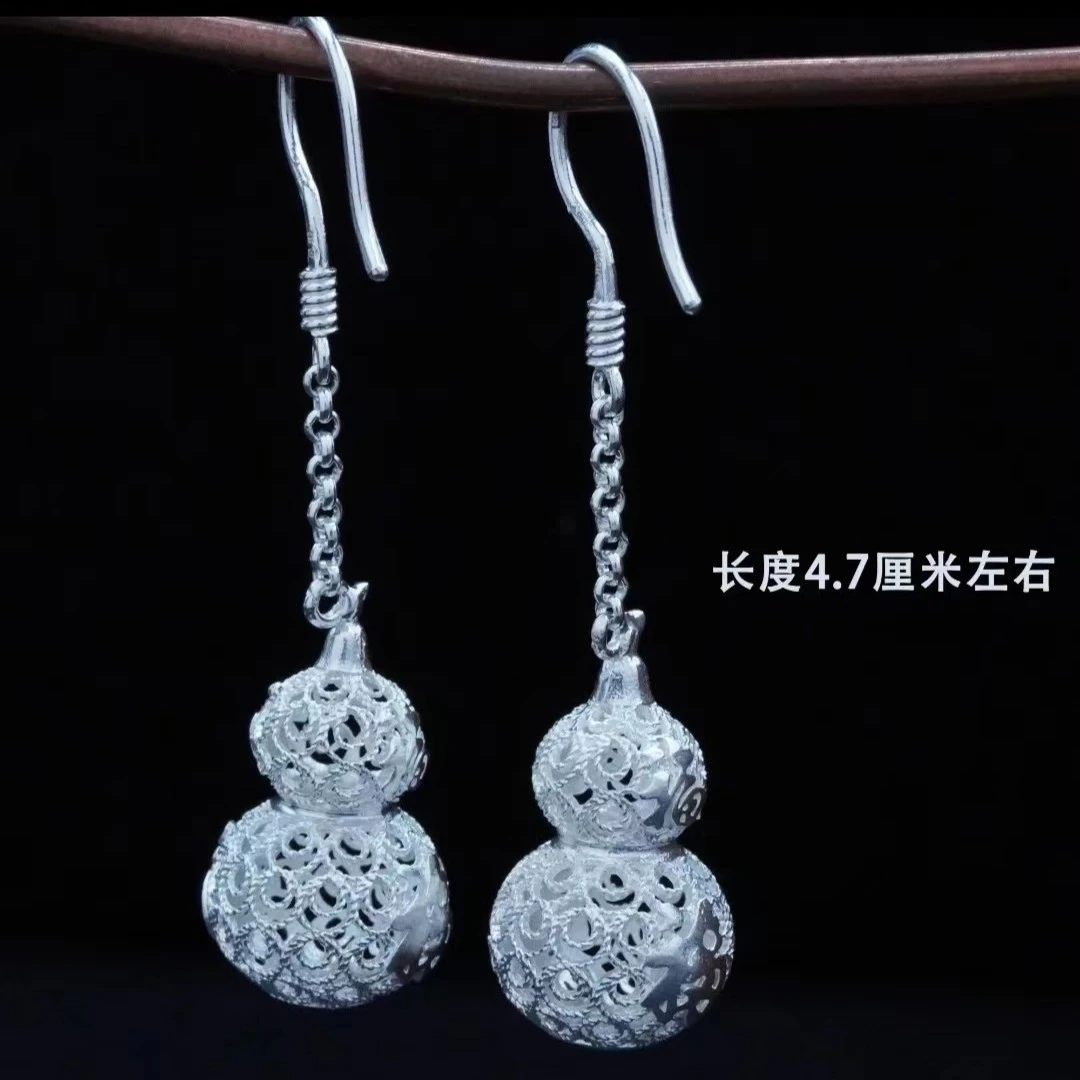 足银耳饰 足银999民族风工艺镂空葫芦精致百搭耳环4.5克左右。。