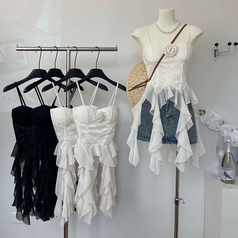 无袖背心女带胸垫夏季新款气质甜美提花吊带飘带小众独特别致上衣