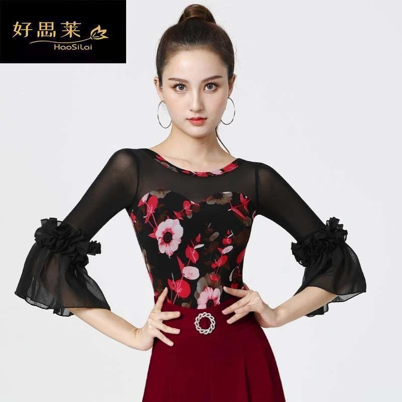上衣新款摩登舞上衣喇叭袖拉丁舞服跳舞舞蹈衣服跳舞服装女上衣