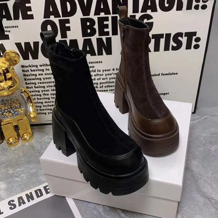 欧洲站超高跟短靴女2025冬新款弹力英伦风加绒时尚增高厚底马丁靴