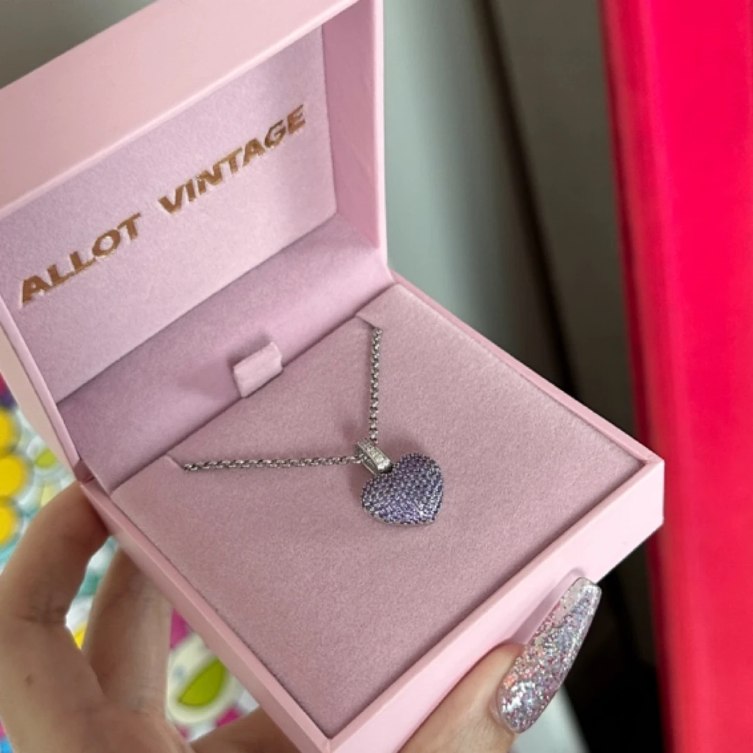 坠链均925银合成锆石 紫色立体爱心项链