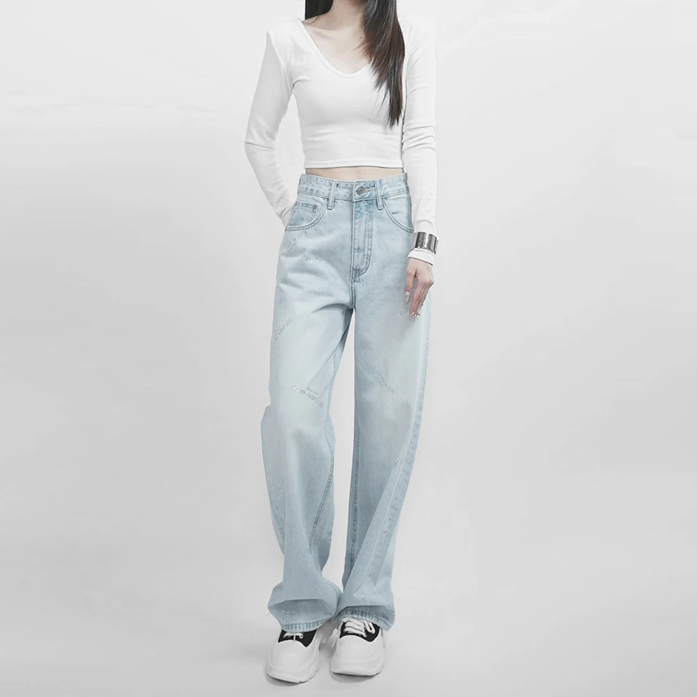 直筒牛仔裤女士2025春夏新款高腰显瘦高温烫钻工艺网红欧若风裤子