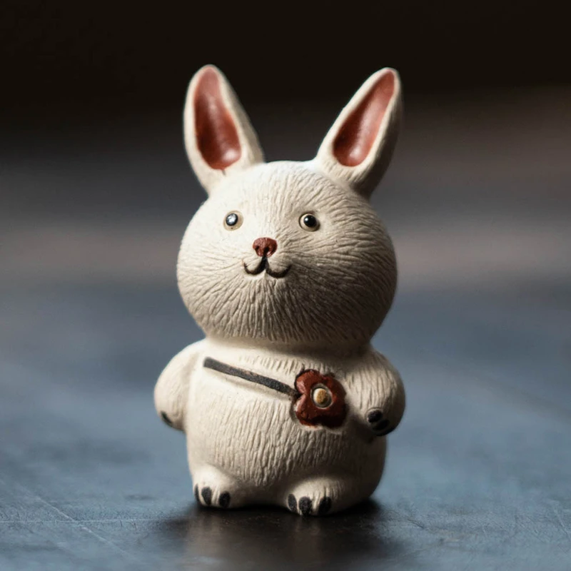 紫砂小兔子茶宠可养创意可爱生肖小花白兔茶桌台摆件茶玩装饰品