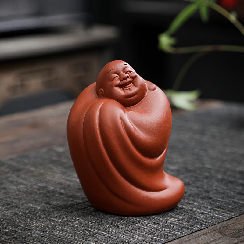 陶瓷紫砂茶宠可养送福小号弥勒佛摆件手工欢喜弥勒佛茶玩笑佛沙弥