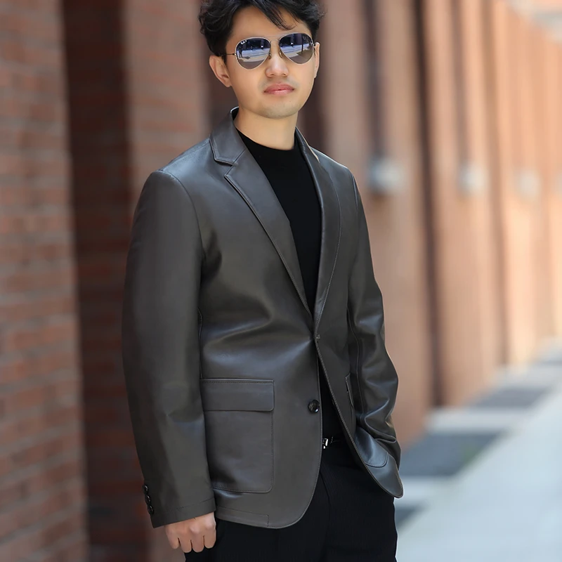 巴特瑞春秋西装真皮皮衣西服休闲绵羊皮夹克中年修身外套68601