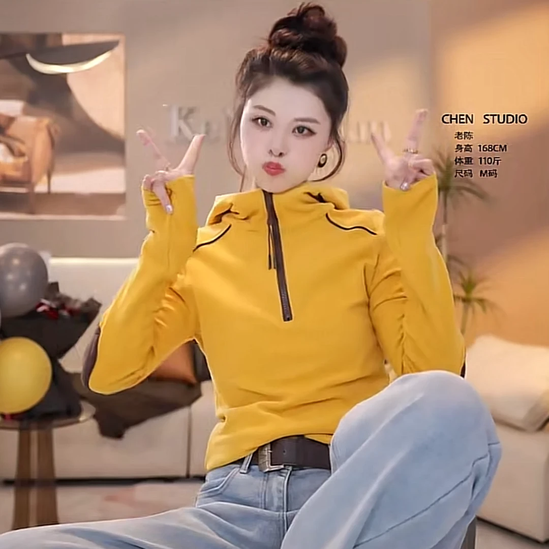 叠穿王者双面德绒拼色半拉链连帽卫衣女冬季2024新款爆款韩版上衣