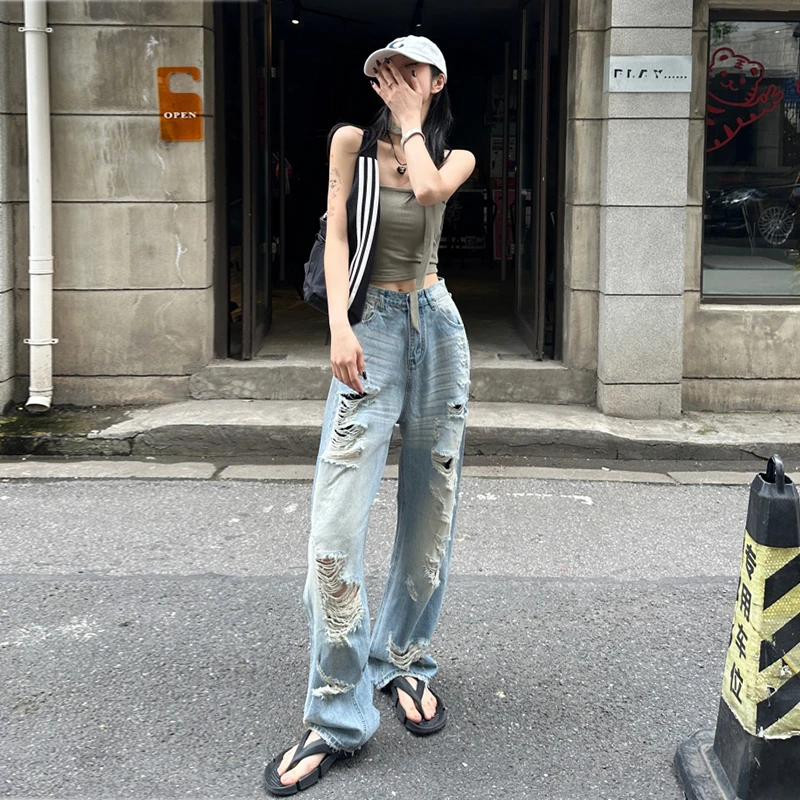 裤长110cm 破洞加长牛仔裤女夏季薄款窄版阔腿裤高个子辣妹乞丐裤