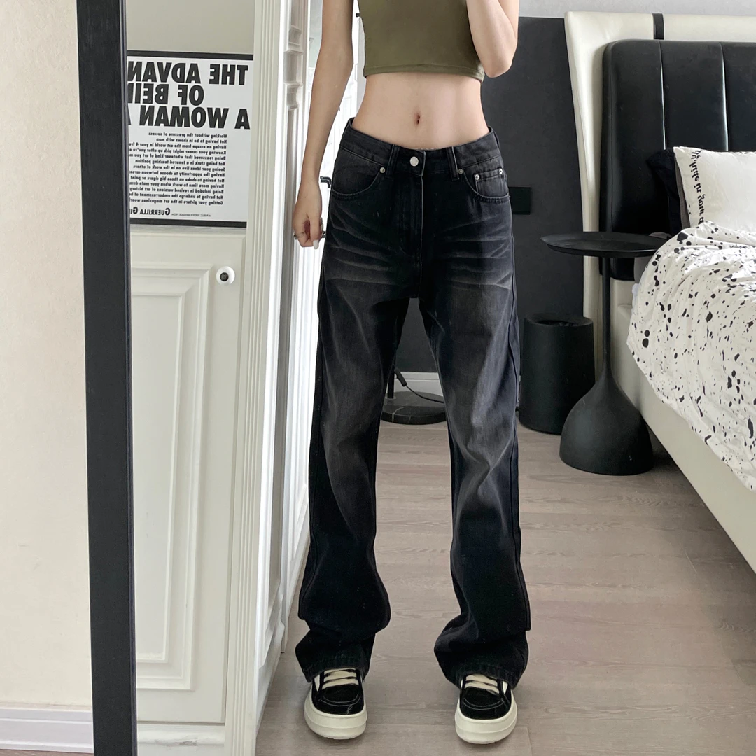 裤长110cm 加长经典美式复古黑高腰微喇牛仔裤女秋冬高个子拖地裤