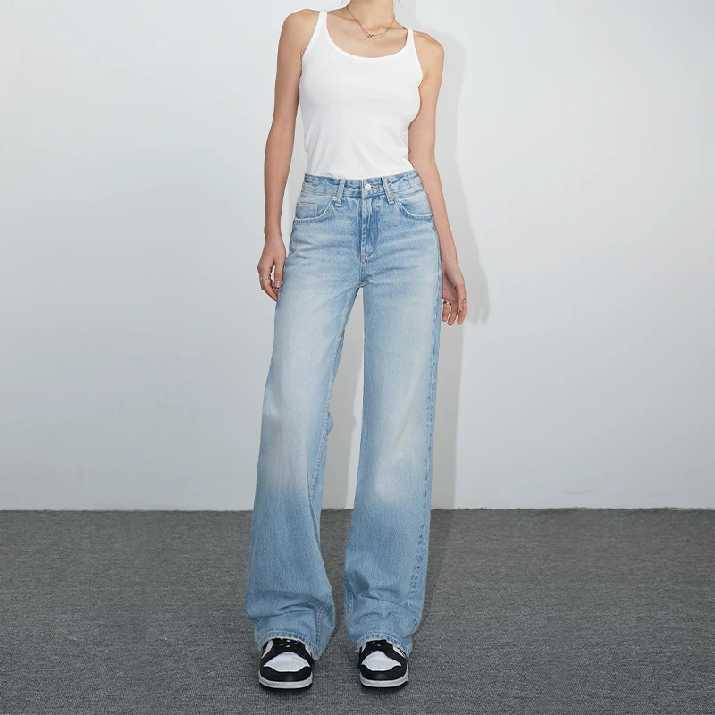 裤长110cm 浅蓝窄版阔腿裤宽松高腰显瘦直筒牛仔裤女秋冬加长拖地