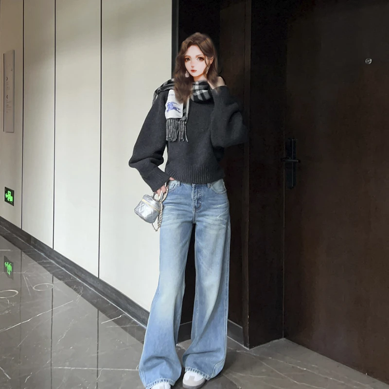 裤长113cm 水洗色猫爪纹阔腿牛仔裤女秋冬加长高个子宽松拖地裤子