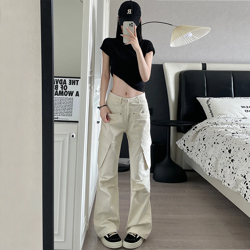 裤长110cm 秋冬纯棉工装牛仔裤女高腰加长高个子窄版阔腿微喇裤子