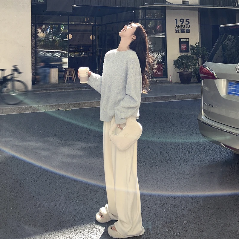 裤长110cm 秋冬白色阔腿休闲裤女宽松显瘦加长高个子垂坠感拖地裤