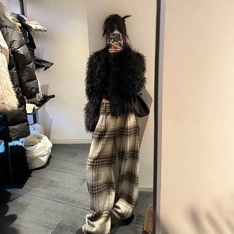 裤长110cm 高个子加长裤冬款加厚阔腿裤女高腰宽松慵懒格子拖地裤