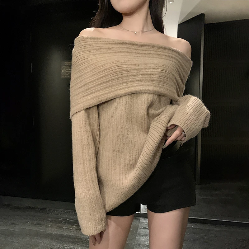 卡其慵懒风软糯一字肩毛衣女春秋纯欲宽松露肩针织上衣 贴身不扎