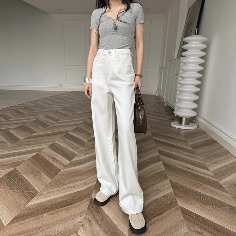 裤长115cm 秋冬加绒纯棉白牛仔裤女高腰窄版阔腿堆堆裤加长高个子