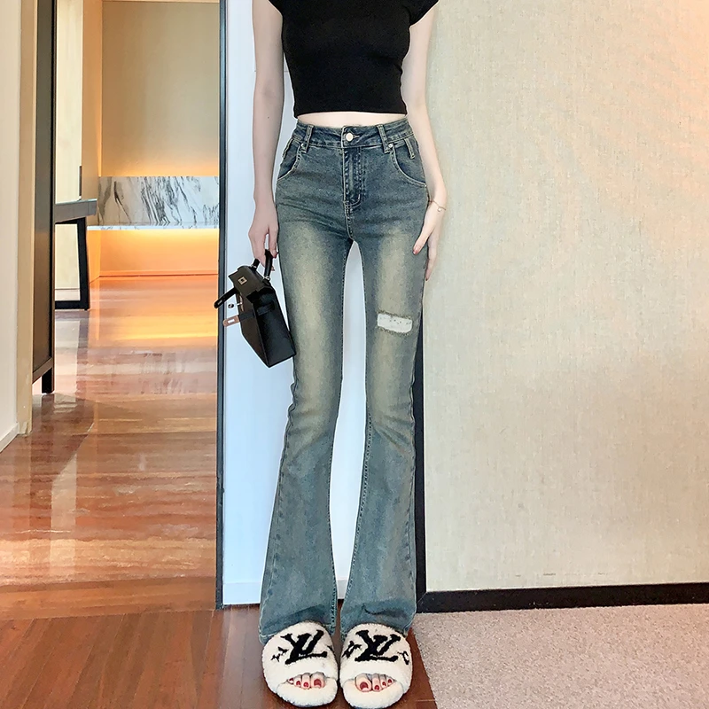 裤长110cm 破洞微喇牛仔裤女高腰秋冬季高腰复古蓝紧身加长喇叭裤