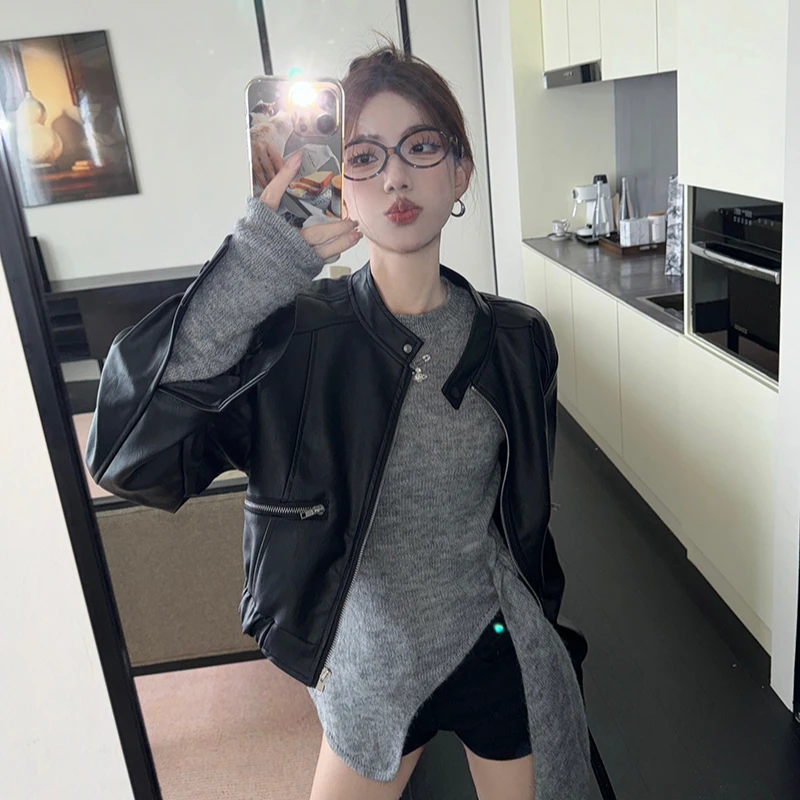 秋季韩版百搭修身显瘦开叉绑带针织上衣+复古机车风皮衣