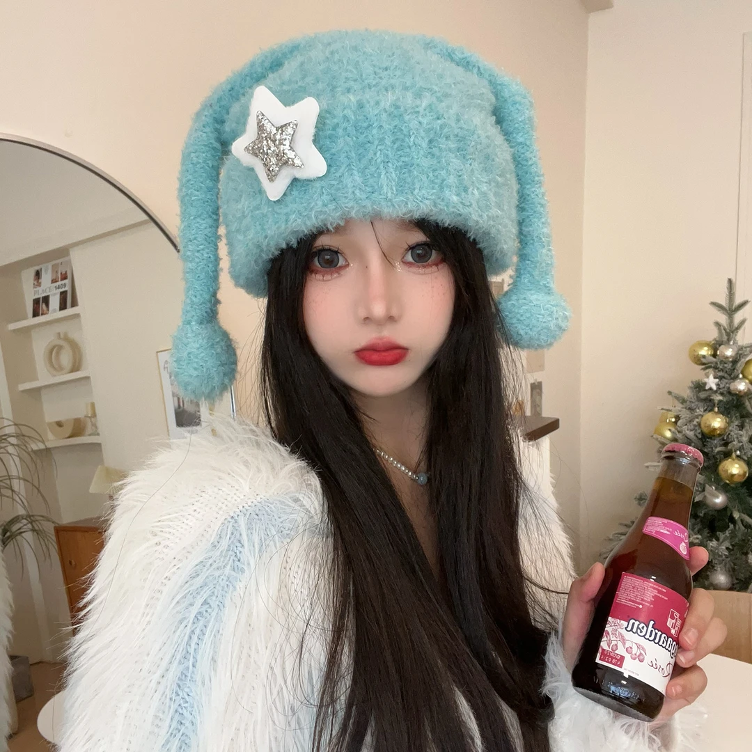 SUMMER PENGUIN冬季长角星星针织西瓜帽时尚个性套头保暖帽子女