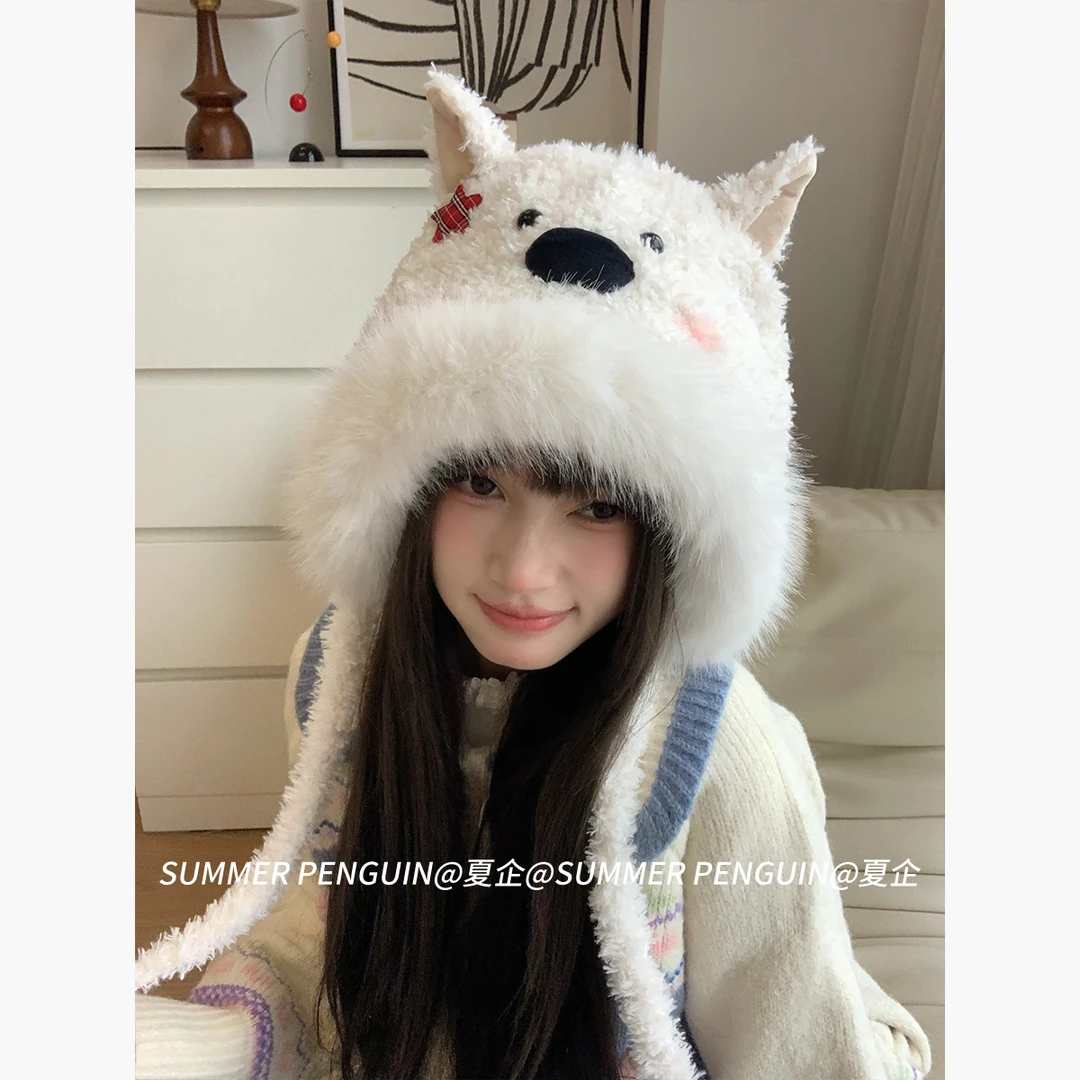 SUMMER PENGUIN西高地刺绣毛绒针织帽女秋冬保暖可爱大头围毛线帽