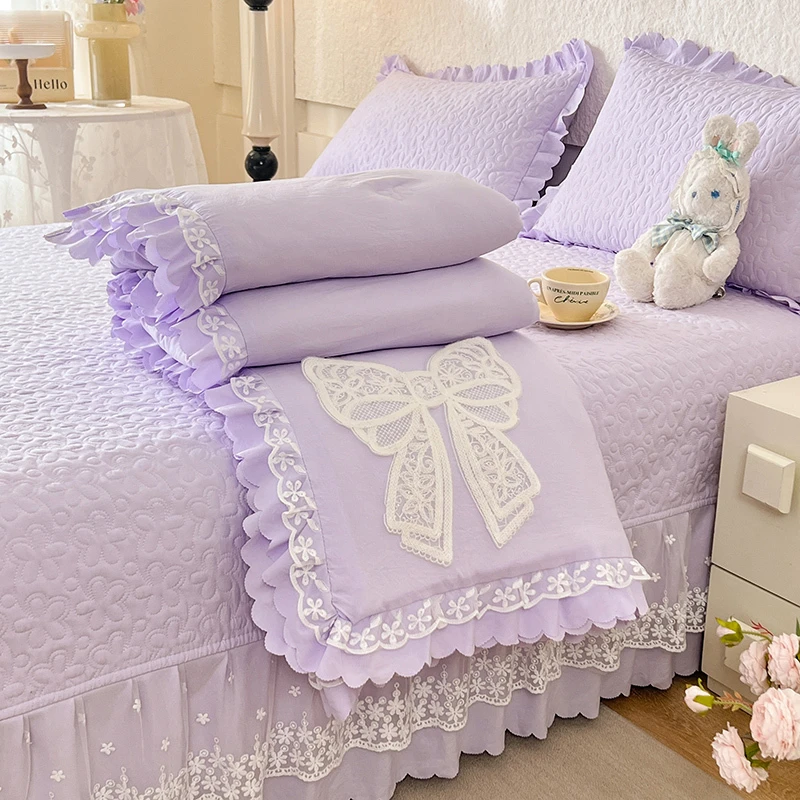 夏季空调被子四件套床盖韩版蕾丝公主风纯色夏凉被花边被套床品女