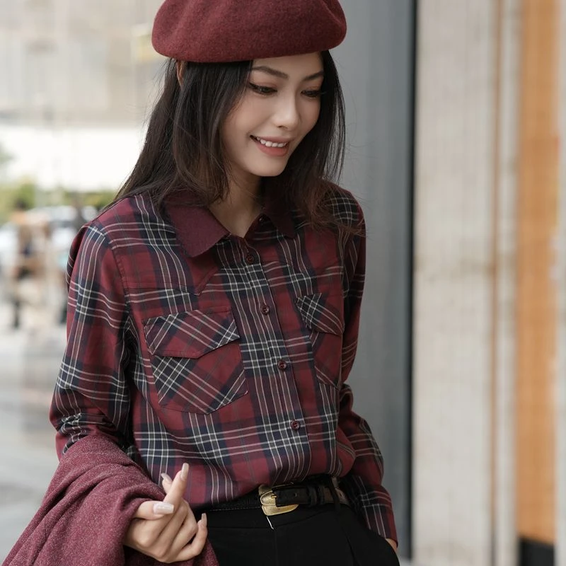 韩版时尚经典酒红色格子女衬衫气质减龄复古显瘦百搭格纹木衬衣