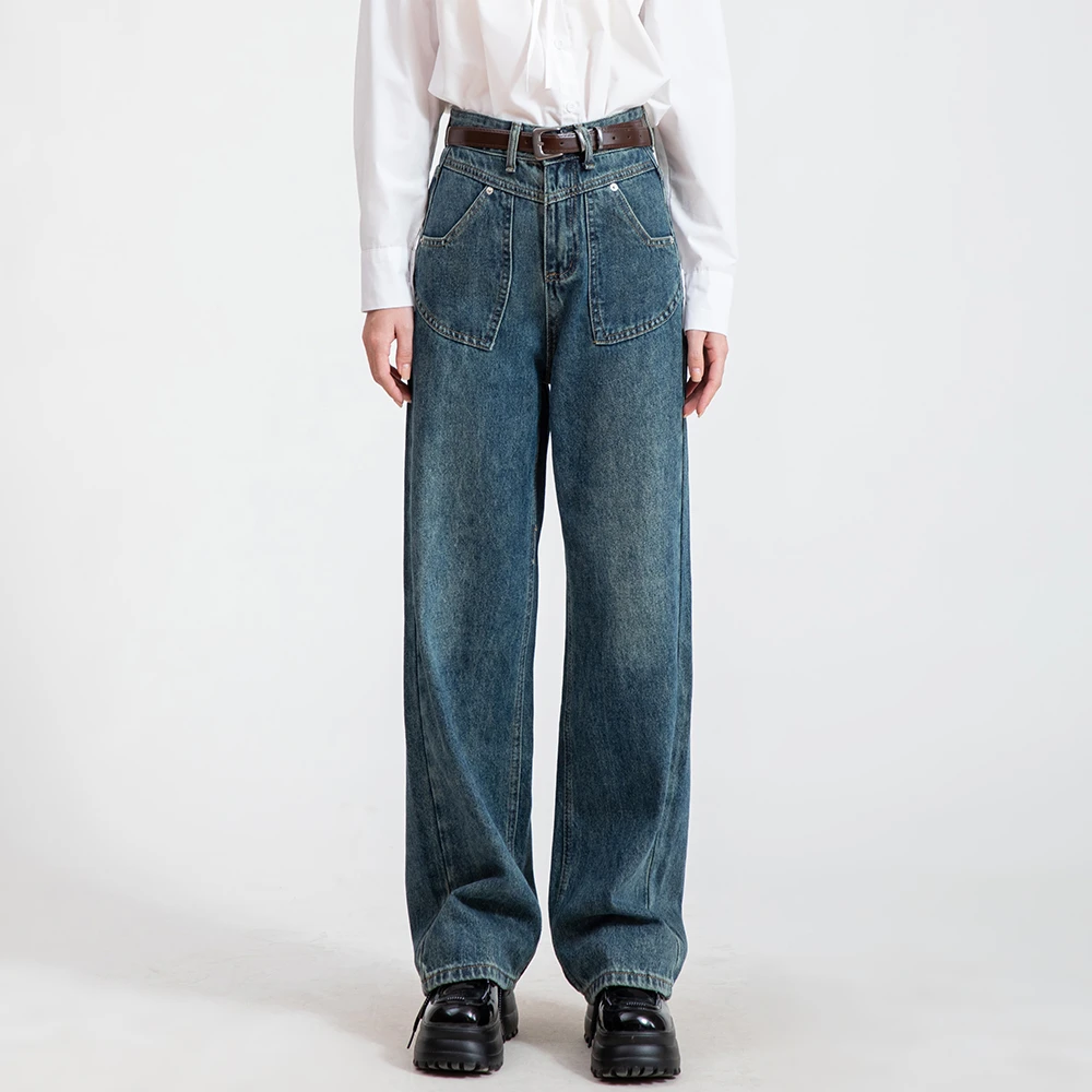 【李易行】牛仔裤子女直筒宽松秋冬季加绒加厚新款设计休闲高腰0121