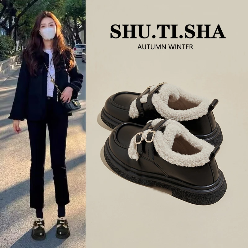 回力瑞羊羔毛小皮鞋女款鞋子2023年秋冬季新款网红厚底加绒乐福鞋