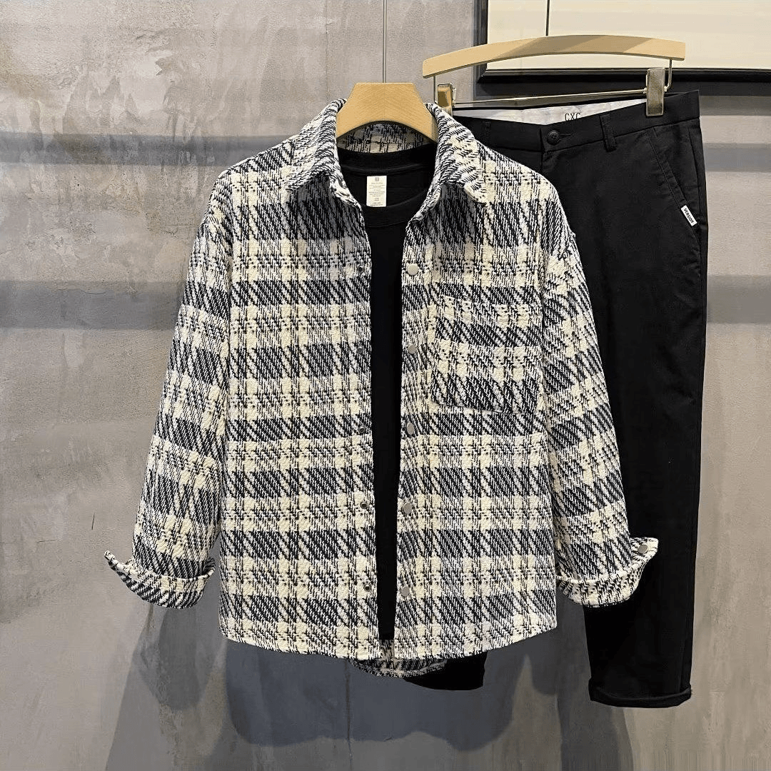 春秋季小香风宽松翻领衬衫男潮流百搭时尚情侣外套男针织格子夹克