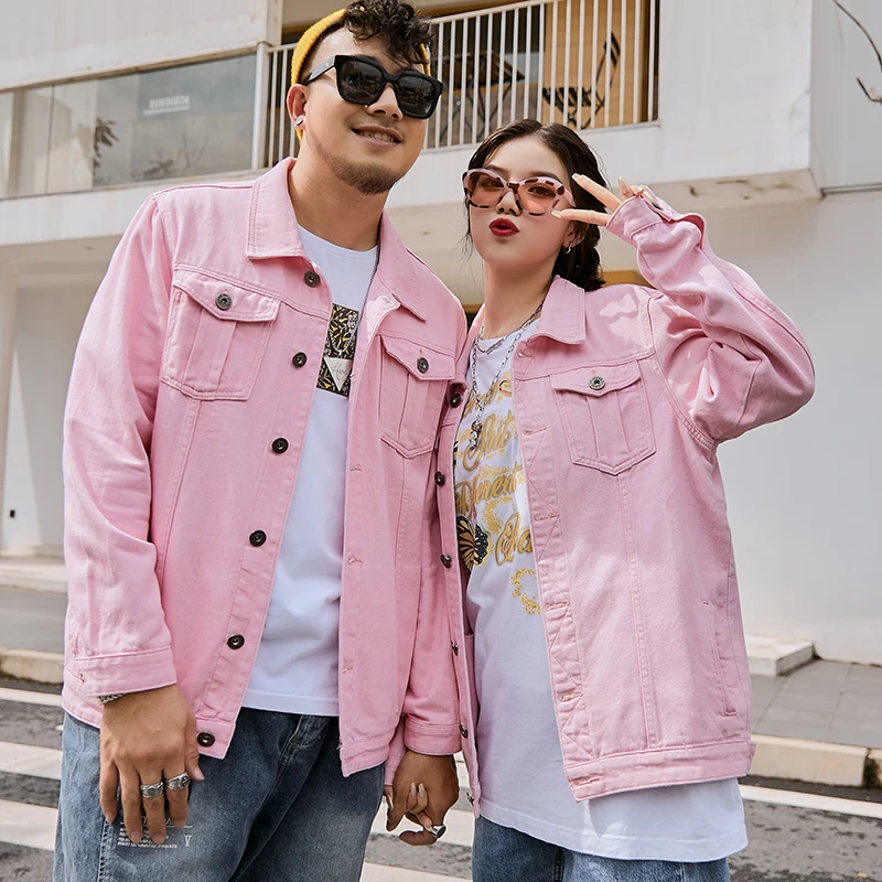 潮流粉色情侣牛仔夹克外套穿搭流行胖子加肥加大码宽松肥佬胖人男