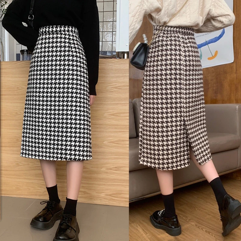 2025秋冬高腰半身裙中长款一步裙大码开叉格子毛呢长裙显瘦包臂裙