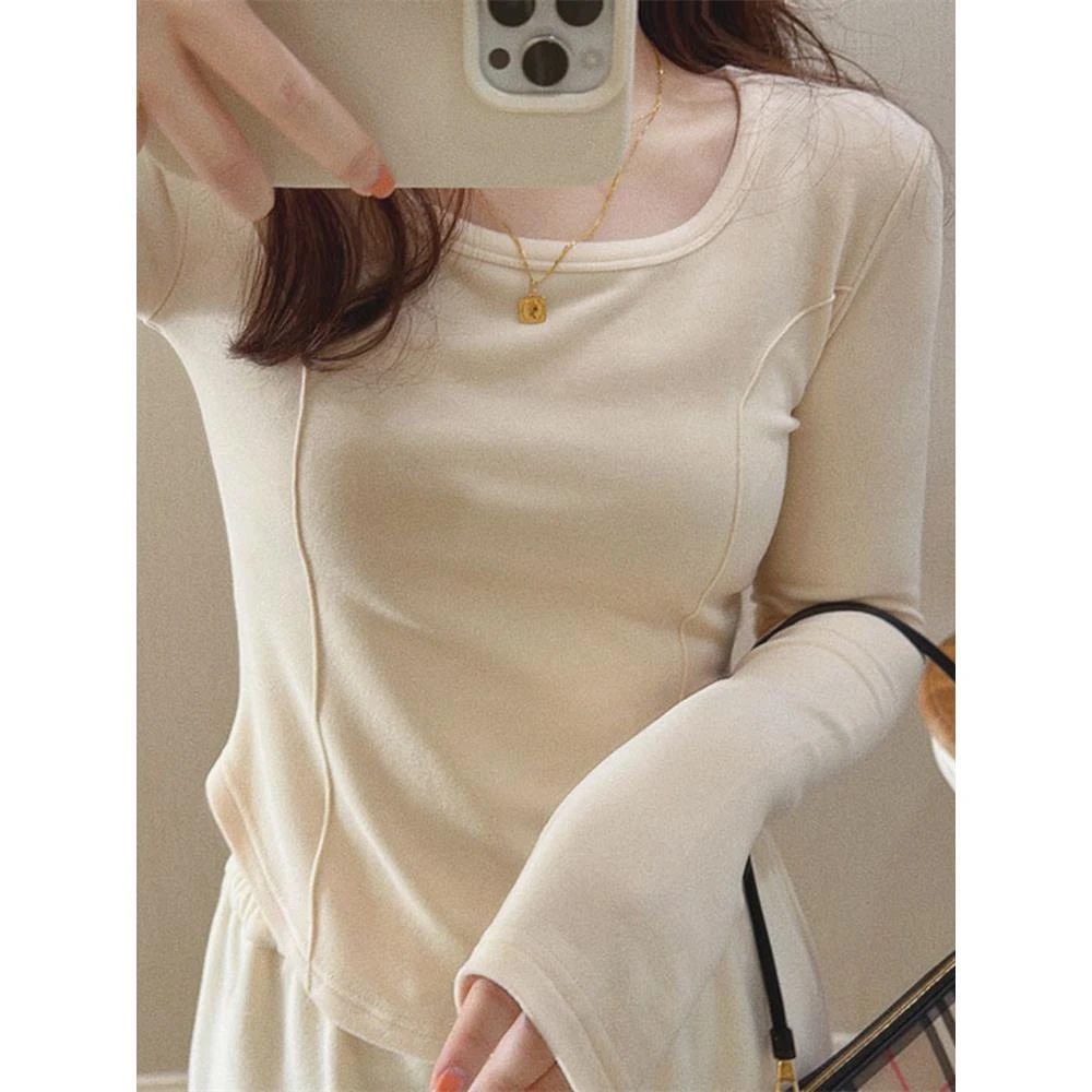 白色不规则德绒修身内搭打底衫女春秋季磨毛长袖t恤修身短款上衣