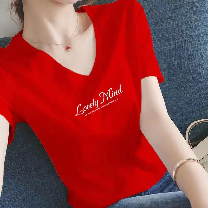 夏季短袖短款显瘦上衣微胖女生宽松红色百搭洋气时尚女款设计感