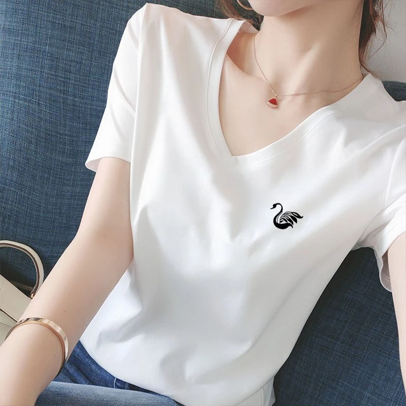 高档95棉V领白色短袖t恤女2025新款爆款宽松显瘦时尚夏季半袖上衣