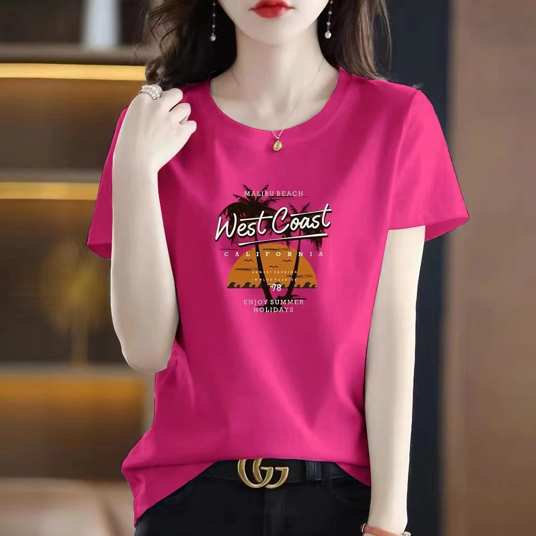 高档黑色T恤女短袖圆领夏季大码宽松显瘦休闲百搭洋气印花半袖女