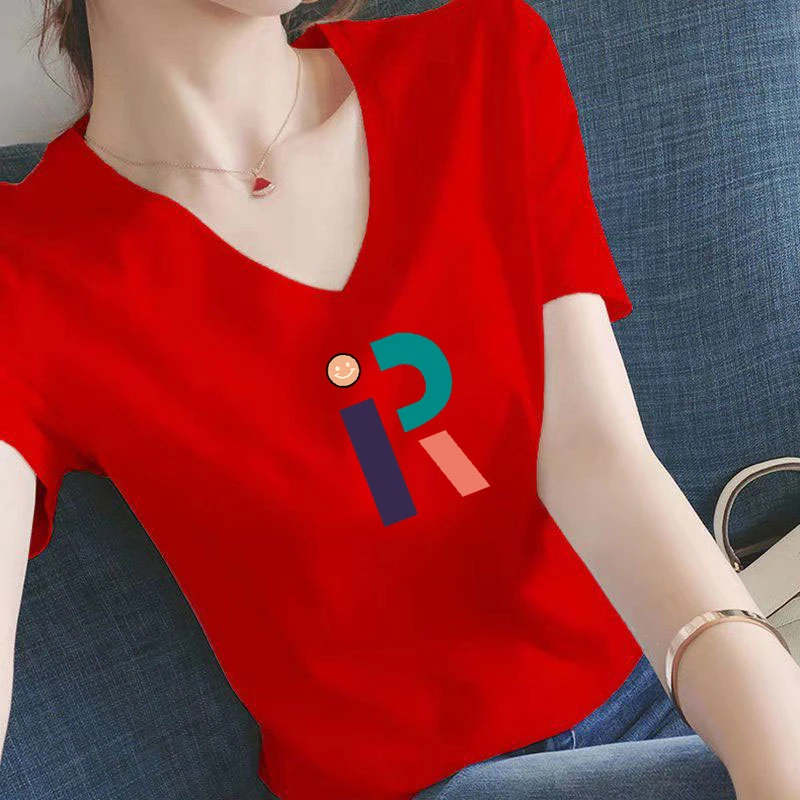 高档大红色t恤女女士大码新款V领短袖宽松正肩显瘦洋气夏季半袖女