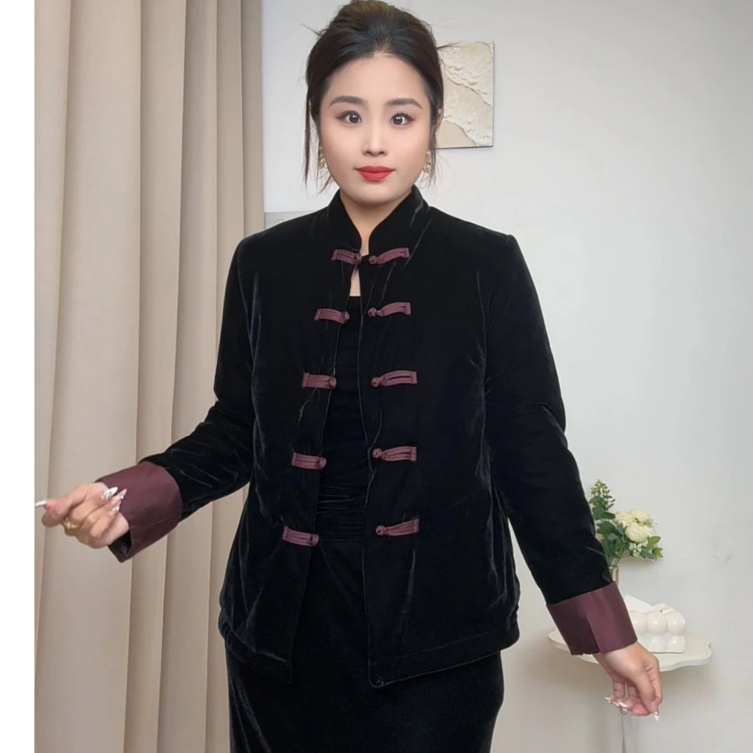 【YUNYI】高端定制丝绒拼接袖子丝光缎秋冬气质加棉外套时尚棉服