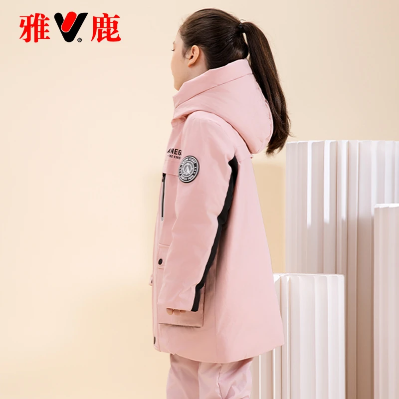 雅鹿蓄热儿童羽绒服加厚2024新款男童女童中长款工装冬季大童外套