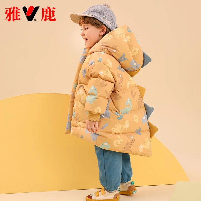 小童儿童羽绒服中长款男童女童宝宝婴儿卡通冬季连帽加厚外套