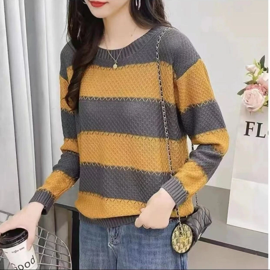 早秋条纹拼色针织衫女士秋装新款时尚洋气宽松慵懒风长袖上衣