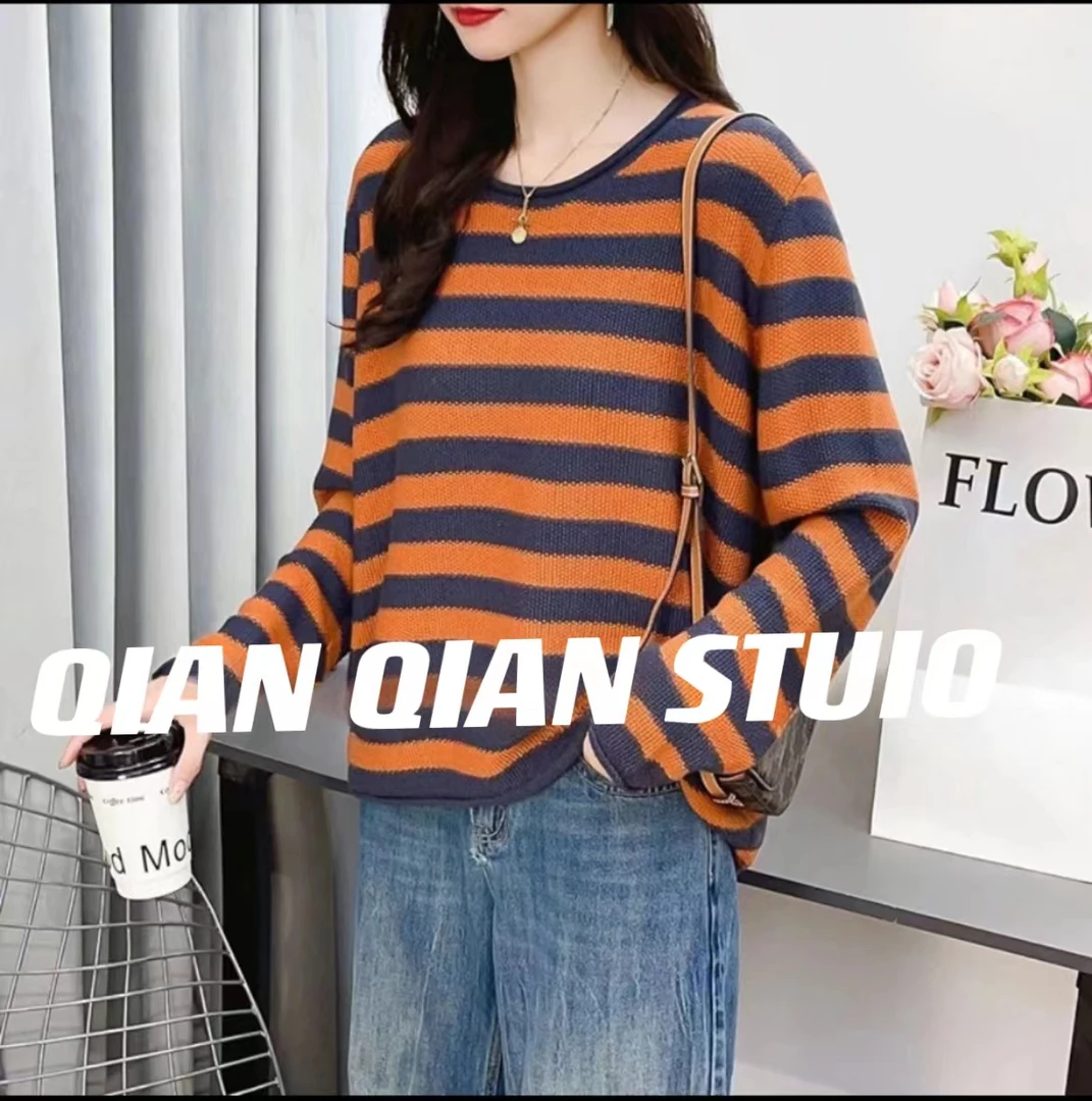 圆领条纹针织衫女秋装新款时尚洋气宽松毛衣打底衫上衣套头外穿