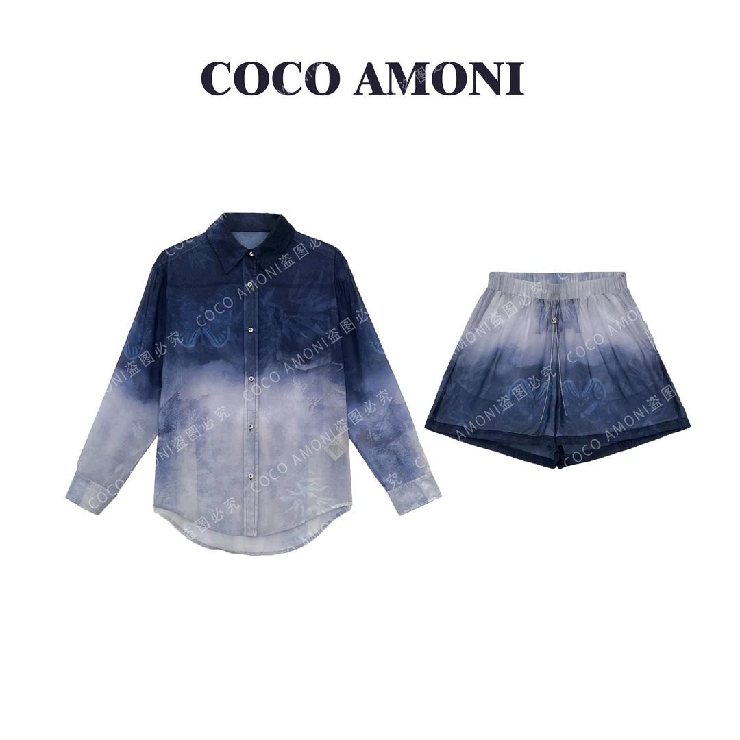 COCO Amoni夏季潮流撞色印花渐变蓝中长款长袖显瘦防晒套装FS068