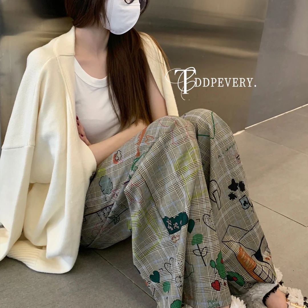 Tddp 复古涂鸦西装休闲裤女秋季高腰显瘦设计感小众拖地阔腿长裤